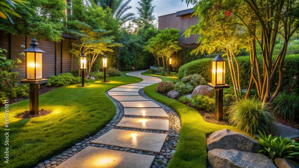 Obraz premium Sleek, curved stone pathway winds through lush greenery, modern lanterns, and minimalist decor in a serene, upscale backyard oasis.
