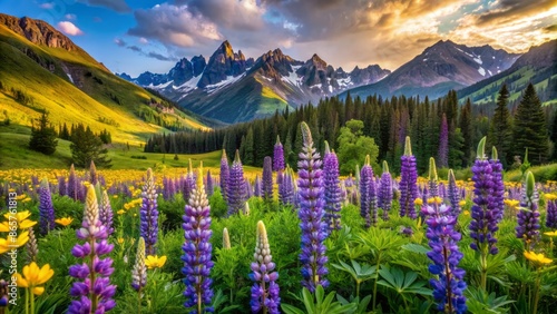 Vibrant purple lupine and yellow bell-shaped blooms dance amidst lush green meadows and towering Rocky Mountains in Colorado's serene wilderness.