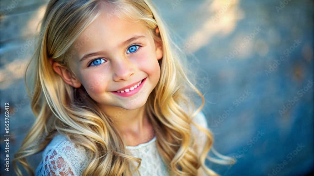 Gentle, carefree, youthful girl with bright blond hair, radiant smile, and sparkling blue eyes, posing confidently Gentle, carefree, youthful girl with bright blond hair, radiant smile, and sparkling blue eyes, posing confidently