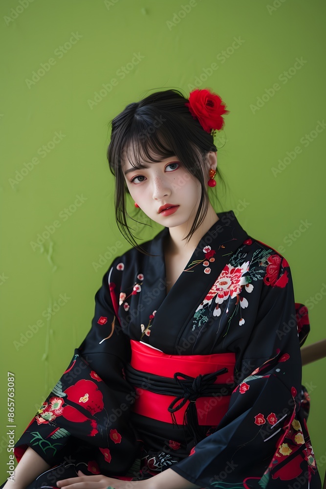 A woman in a black and red kimono A woman in a black and red kimono
