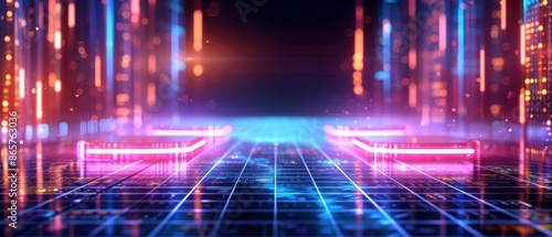 Futuristic neon-lit abstract digital landscape with glowing grids and vibrant colors, representing cyber technology and virtual reality concepts. photo