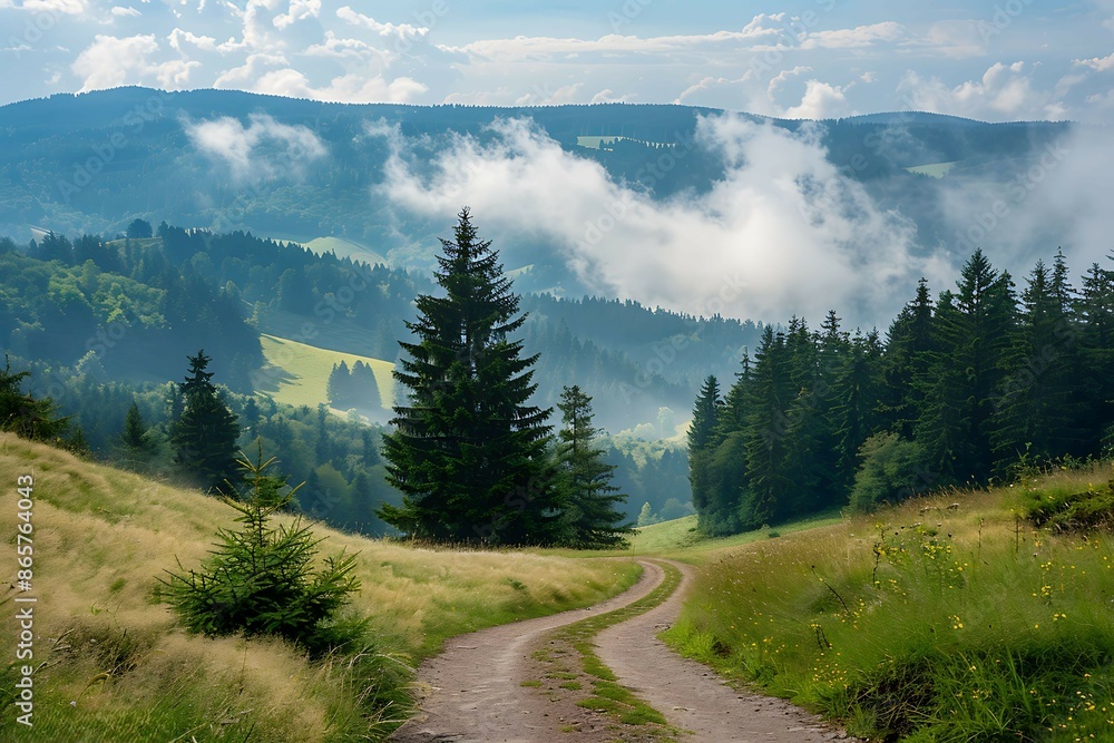 Fototapeta premium Vibrant landscape of the Black Forest in Germany featuring towering pine trees and misty pathways