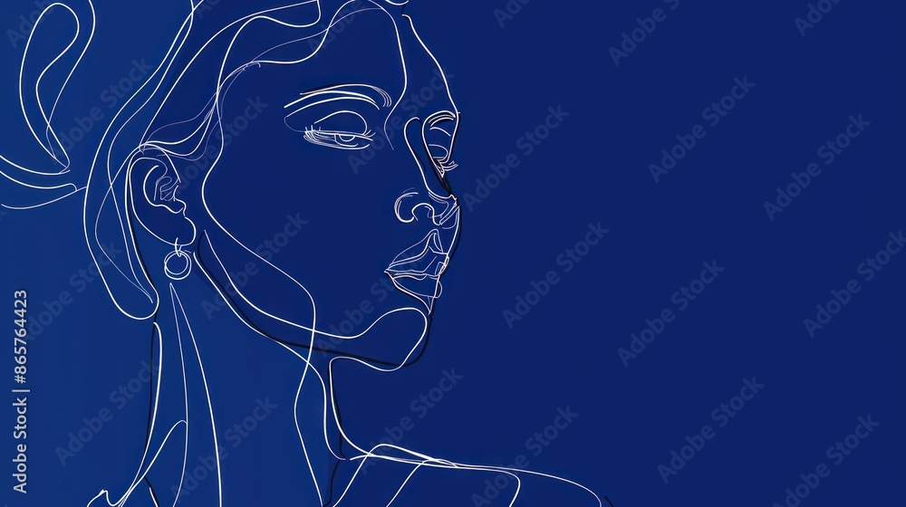 Minimalist line art illustration of a woman's face in profile on a blue background. Concepts. beauty, simplicity, elegance, fashion, art, drawing, portrait Minimalist line art illustration of a woman's face in profile on a blue background. Concepts. beauty, simplicity, elegance, fashion, art, drawing, portrait