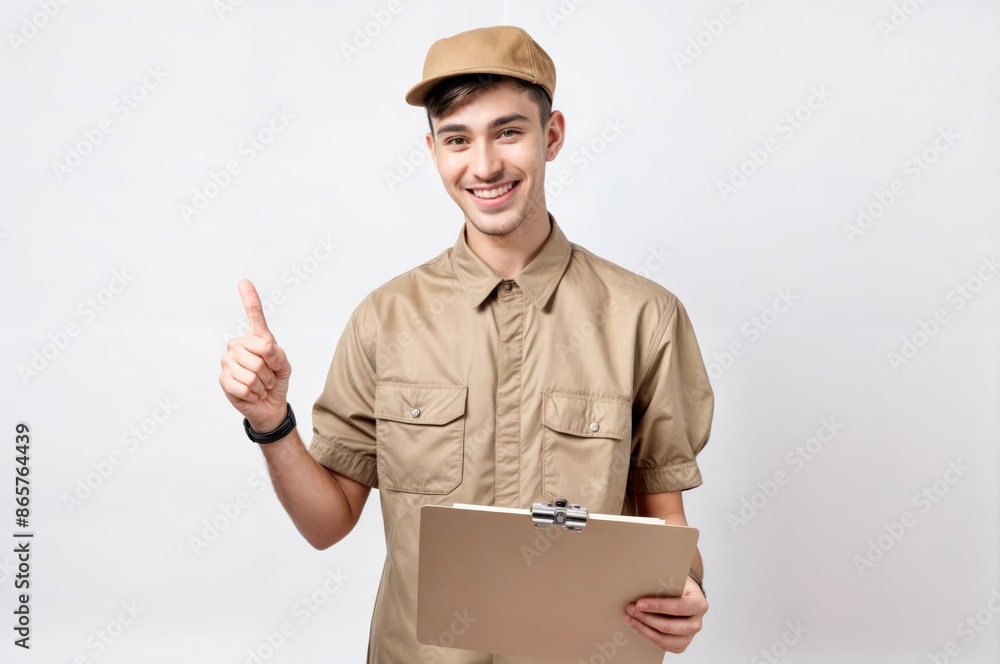 Smiling delivery man in uniform giving thumbs up and holding clipboard Smiling delivery man in uniform giving thumbs up and holding clipboard