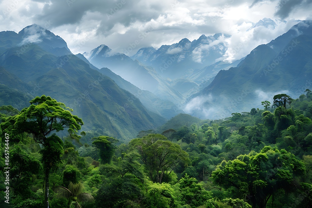 Naklejka premium Breathtaking landscape of the Rwenzori Mountains in Uganda with their dramatic peaks and lush forests photographed with advanced techniques for a lifelike image
