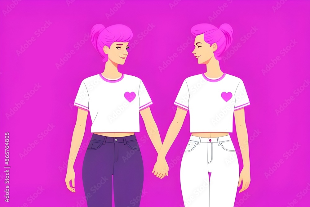 a whimsical illustration of a lesbian couple in love holding hands, Romance, Affection, Joy, Happiness, Connection, Tenderness, Intimacy, Warmth, Togetherness, Relationship, Embrace, Delight, Partners