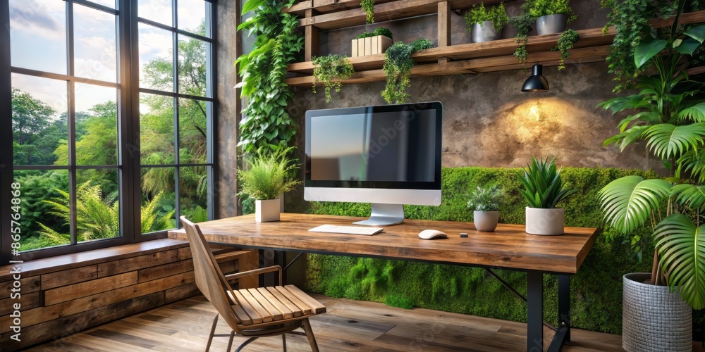 Modern eco-friendly industrial loft office features sleek all-in-one computer with blank screen on reclaimed wood desk amidst lush greenery and minimalist decor. Modern eco-friendly industrial loft office features sleek all-in-one computer with blank screen on reclaimed wood desk amidst lush greenery and minimalist decor.