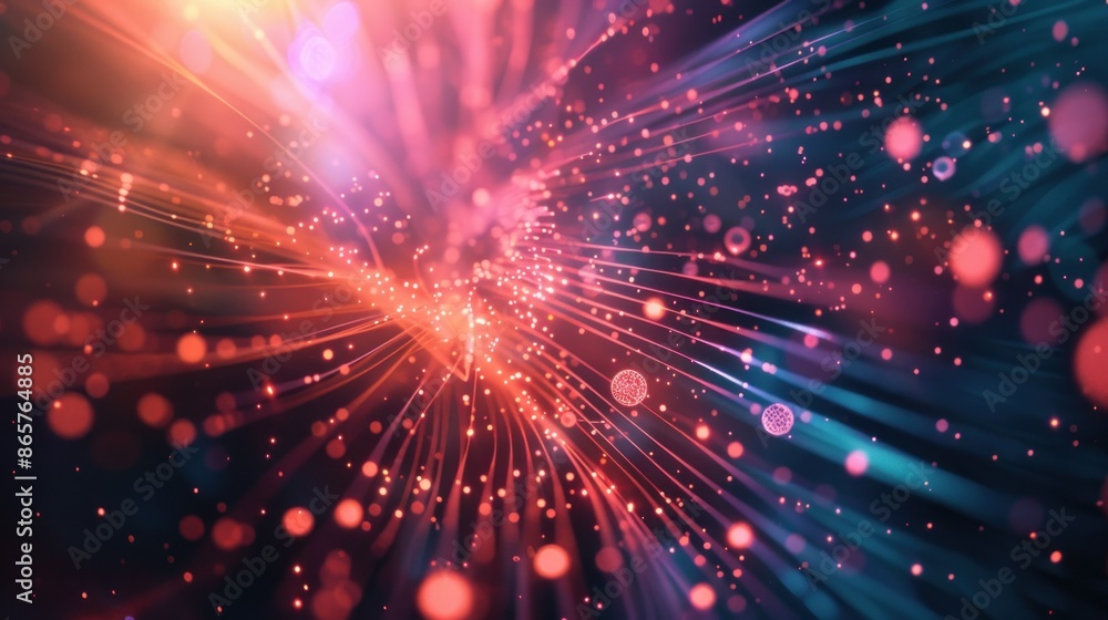 Abstract background with colorful particles, streaks of light, and bokeh. Concepts. speed, energy, technology, digital, future, space, science fiction Abstract background with colorful particles, streaks of light, and bokeh. Concepts. speed, energy, technology, digital, future, space, science fiction