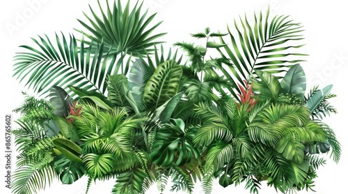 Lush Green Tropical Jungle Foliage. Exotic Plants and Palm Leaves Illustration