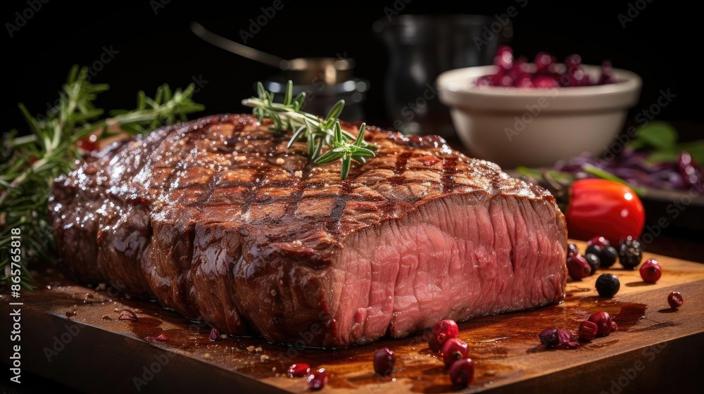 Grilled steak with melted barbeque sauce on a black and blurry background Grilled steak with melted barbeque sauce on a black and blurry background