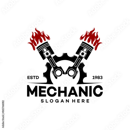 Gear and pistons. gear piston emblem logo. Emblem with Piston and Gear element. Perfect logo for automotive company. photo