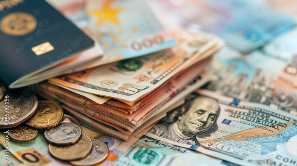 Foreign currency and passports on a map, planning for international travel Foreign currency and passports on a map, planning for international travel