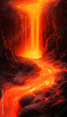 A lava flow is depicted in a fiery orange color. photo