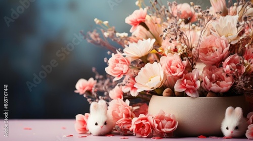 beautiful easter day background concept with pink eggs and flowers