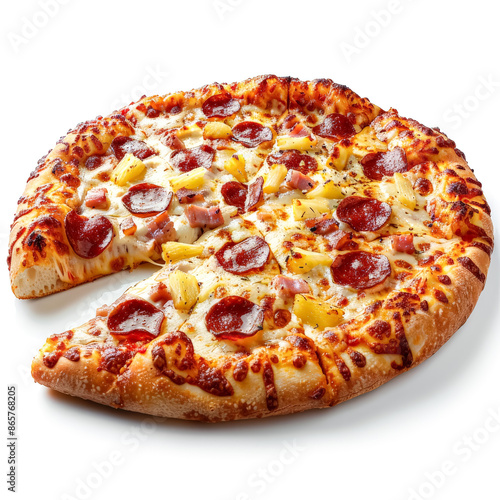 A slice of pizza with pepperoni and pineapple toppings.