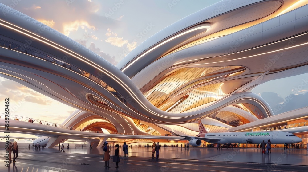 Futuristic airport terminal with sweeping curves and high-tech details Futuristic airport terminal with sweeping curves and high-tech details