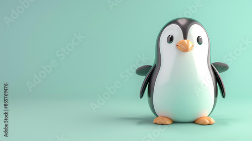 3D illustration of a cute penguin standing on a blue background. The penguin has a friendly expression on its face and is looking at the viewer. © Nijat