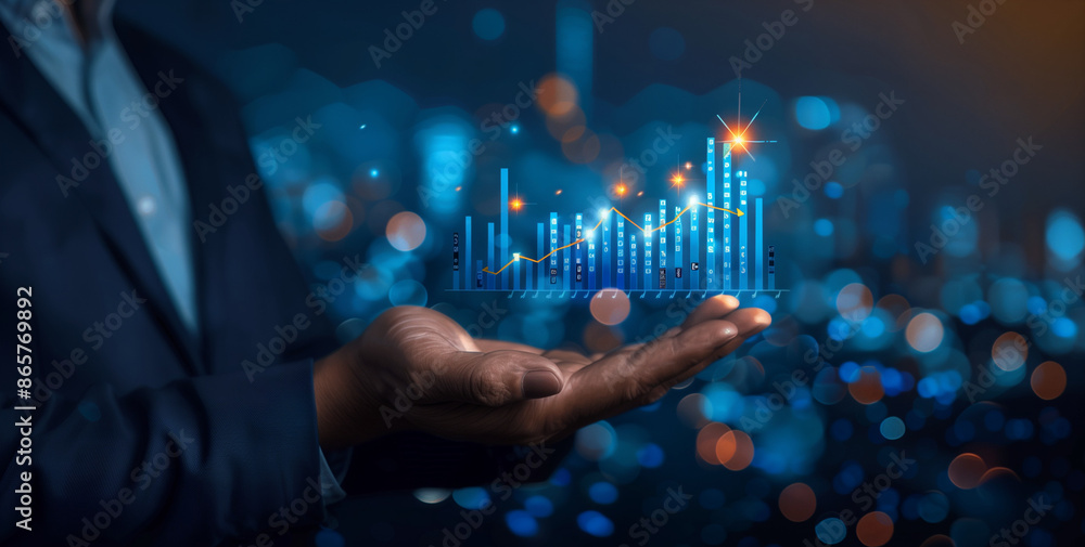 Investors or traders display virtual stock chart graphics on hands, concepts of analysis, investment planning and strategy, stock market, mutual funds, bonds, digital assets Investors or traders display virtual stock chart graphics on hands, concepts of analysis, investment planning and strategy, stock market, mutual funds, bonds, digital assets