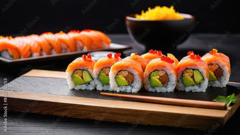 Essence of Sushi, A Minimalist Perspective - Close-Up of Nigiri and Maki on a Cutting Board Essence of Sushi, A Minimalist Perspective - Close-Up of Nigiri and Maki on a Cutting Board