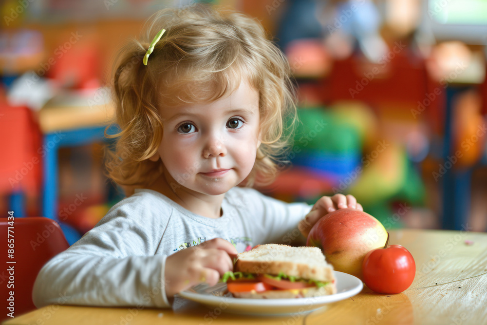 little girl eating lunch sandwich and apple in elementary school classroom little girl eating lunch sandwich and apple in elementary school classroom