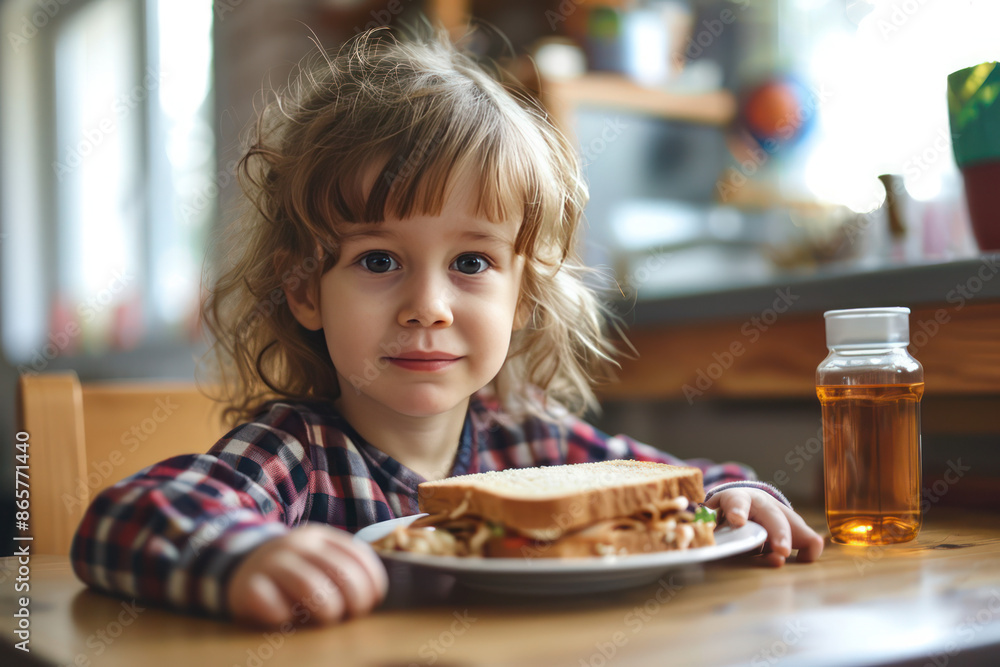 little girl eating lunch sandwich and apple juice in elementary school classroom 