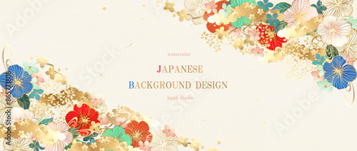 和, 和風, 花, 和柄, 年賀状, 背景, 水彩, 手描き, フレーム, ベクター, 金色, 金箔, お正月, 正月, 梅の花, 梅, 桜, 椿, 雲, イラスト
