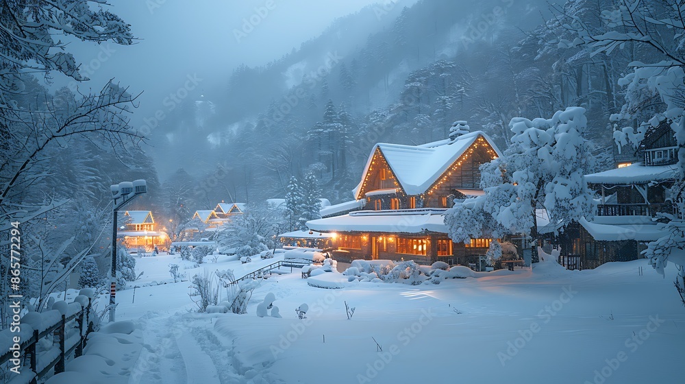 Winter village snowcovered rooftops and warm lights for vibrant colors Winter village snowcovered rooftops and warm lights for vibrant colors