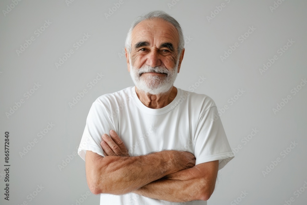 Confident senior Hispanic man posing against gray background. Confident senior Hispanic man posing against gray background.