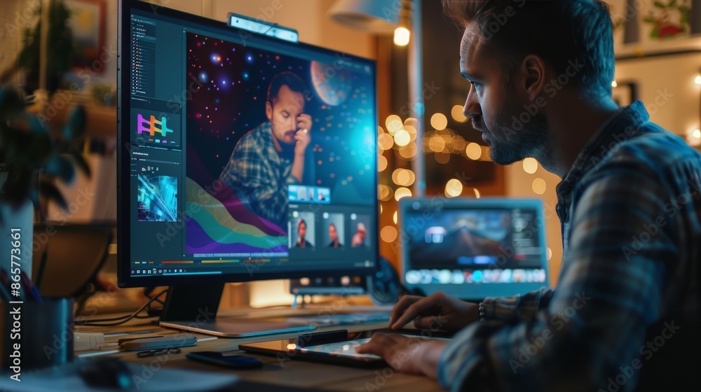 Graphic designer creating an advertisement on a graphics tablet Graphic designer creating an advertisement on a graphics tablet