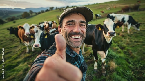 Farmer taking a fun selfie with the cattle, thumb up and a group of cows behind him looking at camera. Happy latin agronomist working on a farm with animals. Concept of agriculture, livestock photo