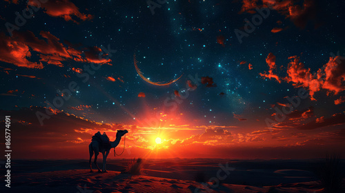 capture camel in the desert on night with big moon © dropideas