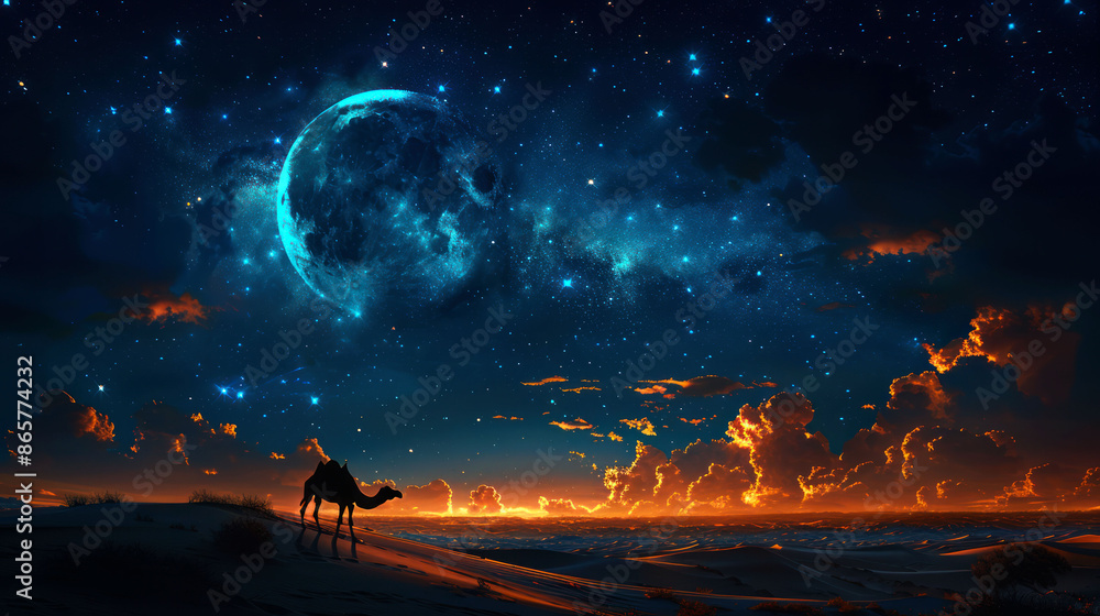Naklejka premium capture camel in the desert on night with big moon