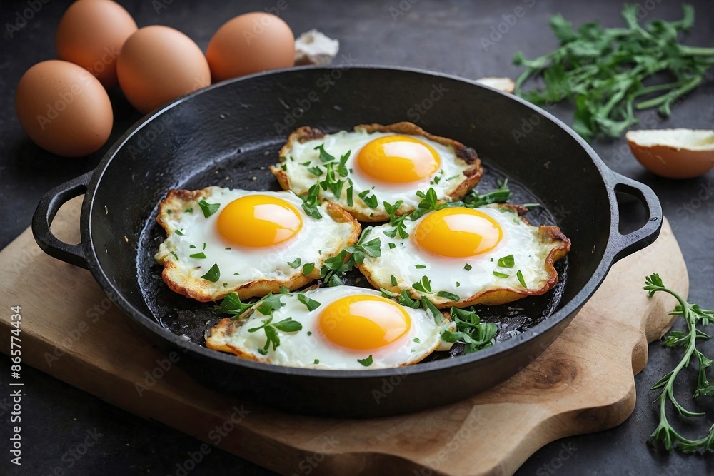 Half-Fried Eggs in a Cast Iron Skillet: Half-fried eggs cooked in a small, black cast iron skillet. Half-Fried Eggs in a Cast Iron Skillet: Half-fried eggs cooked in a small, black cast iron skillet.