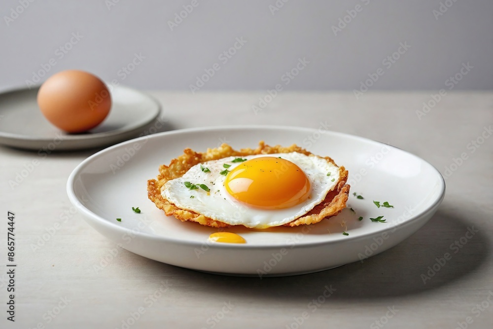 Perfectly Fried Egg on a Plate: A single half-fried egg with a golden, slightly runny yolk centered on a simple white plate. Perfectly Fried Egg on a Plate: A single half-fried egg with a golden, slightly runny yolk centered on a simple white plate.