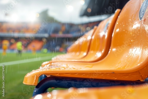 The chairs are wet from the rain at a football championship or cup in Europe