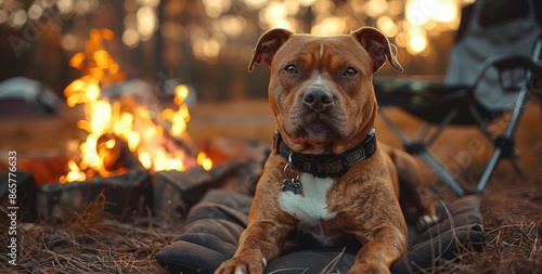 A Relaxing Brown Pit Bull Dog by a Campfire