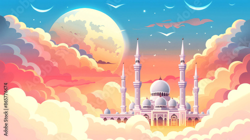 illustration mosque on the cloud in the blue sky