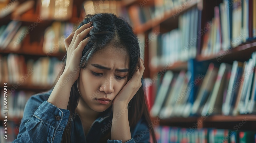 student woman have anxiety because of exams, female prepare for test and learning lessons in the library. stress, despair, haste, misunderstanding reading, discouraged, expectation, knowledge student woman have anxiety because of exams, female prepare for test and learning lessons in the library. stress, despair, haste, misunderstanding reading, discouraged, expectation, knowledge