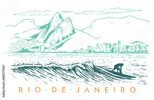 Vector illustration of surfer riding down a wave in tropical landscape. Art in stripped and simple lines.