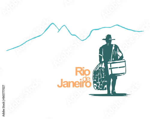 Handmade vector illustration of a seller on the beach in Rio de Janeiro. Art styled with stripped-down features.