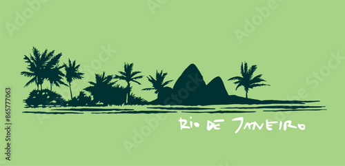 Stylized vector illustration of coastal region with allusion to the city of Rio de Janeiro, Brazil.