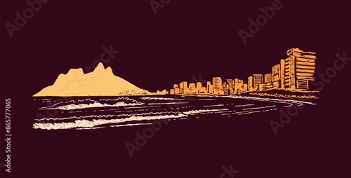 Vector illustration of a handmade representation of the skyline of Ipanema, Rio de Janeiro, Brazil. View of Arpoador, in modern times. photo