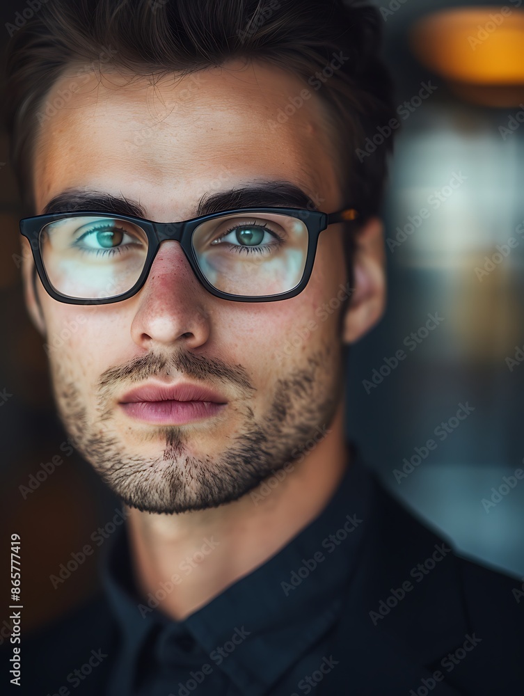 Close-up of a young professional with glasses, serious expression, copy space for text, sharp focus and clear light, high clarity no grunge, splash, dust, noise Close-up of a young professional with glasses, serious expression, copy space for text, sharp focus and clear light, high clarity no grunge, splash, dust, noise