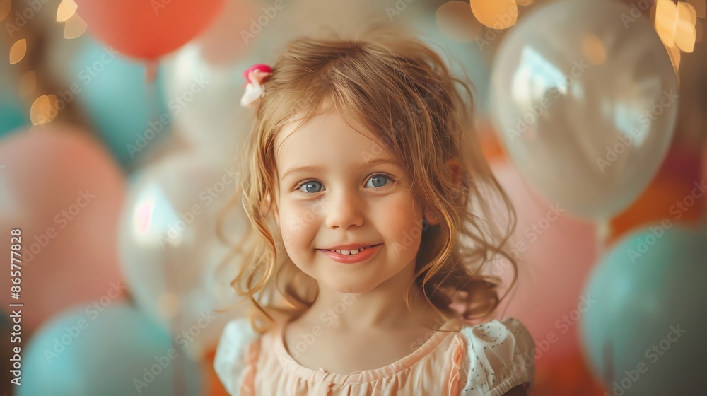 Smiling young girl with curly hair at a colorful birthday party, surrounded by vibrant balloons in a festive setting. Smiling young girl with curly hair at a colorful birthday party, surrounded by vibrant balloons in a festive setting.