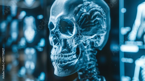 A close-up of a human skull, rendered in a blue and white color palette. The skull is in profile, with a detailed view of the jaw and teeth. © admin_design