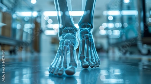 A close-up of skeletal feet in a medical setting. The bones are translucent and glowing, highlighting the intricate structure of the foot. photo