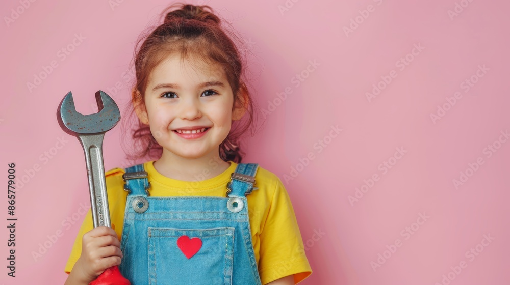 A smiling young girl with red hair holds a wrench against a pink background.  She is wearing overalls and a yellow shirt.