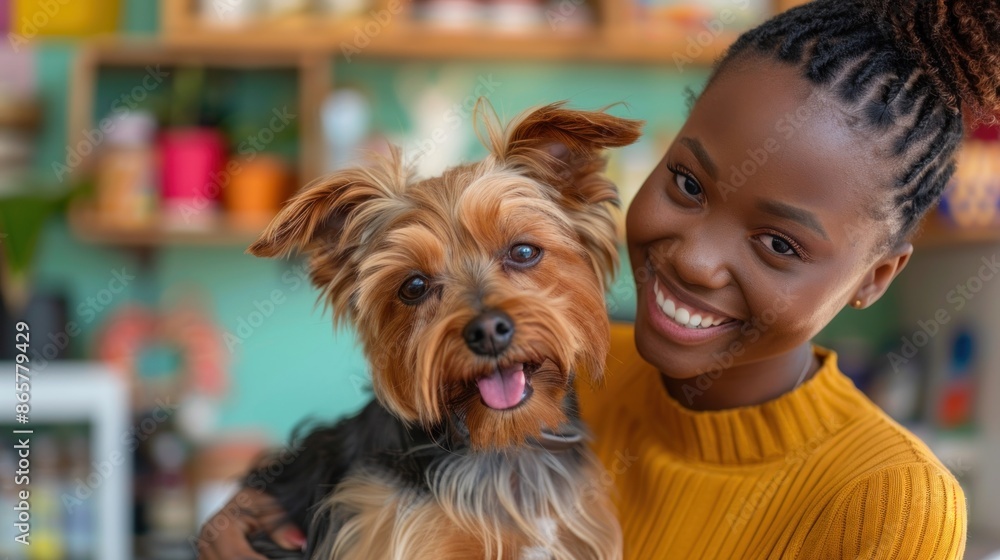 African American woman with a Yorkshire Terrier in a pet-friendly store, both looking at camera. African American woman with a Yorkshire Terrier in a pet-friendly store, both looking at camera.