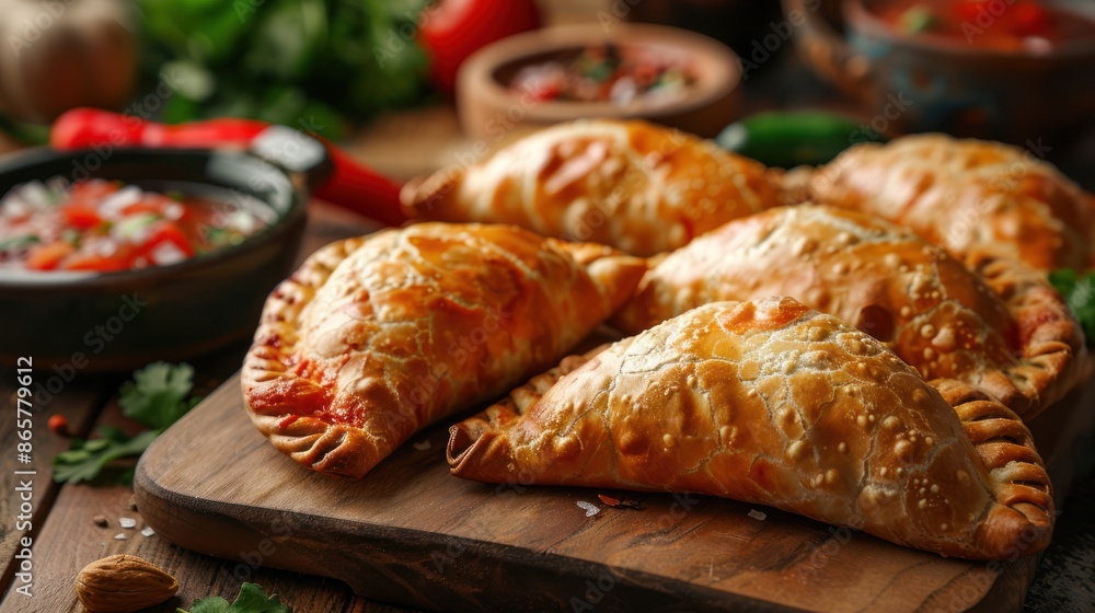 Crispy Empanadas on Rustic Background Crispy Empanadas on Rustic Background