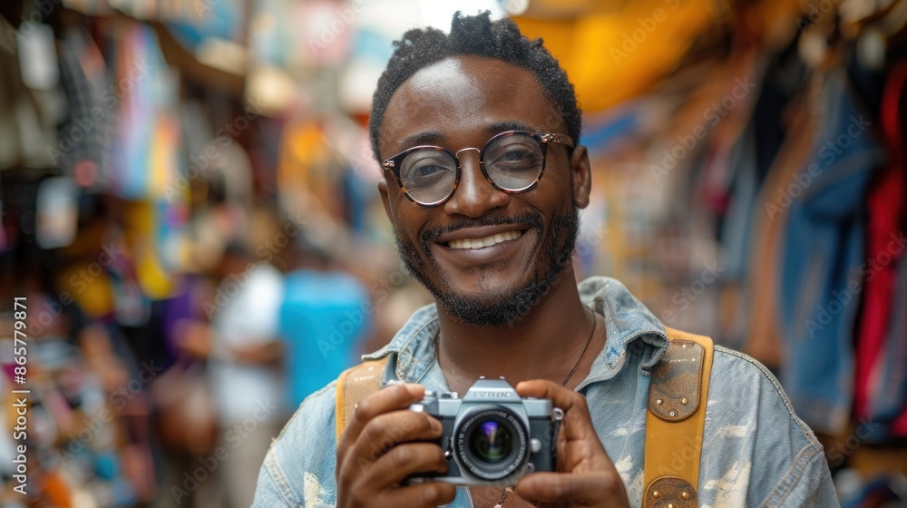 Smiling African American man holding a camera in a lively market environment. Smiling African American man holding a camera in a lively market environment.